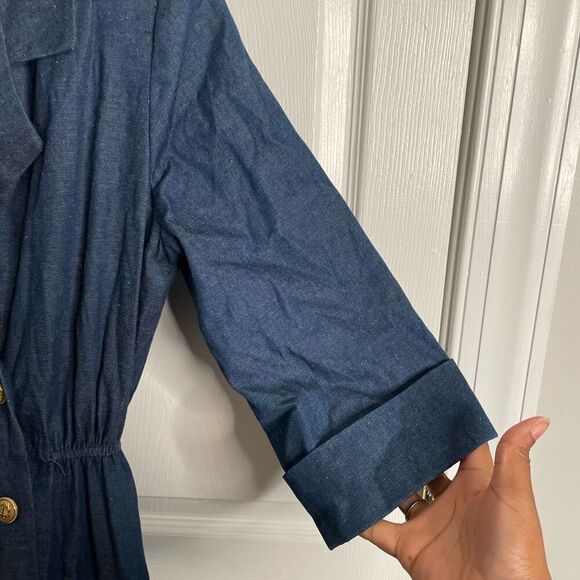 Vtg Womens Denim Double Breasted Dress 6 3/4 Sleeve Tea Length Modest Nautical - Picture 4 of 8
